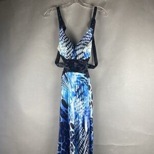 Faviana Couture Floor Length Dress Plunge Womens 4 Blue Leopard Beaded Pattern